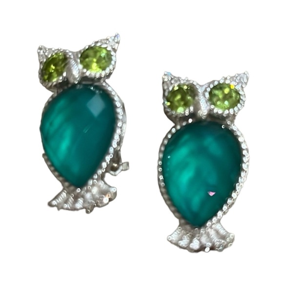 Sterling Silver Owl Clip On Earrings 925 Peridot Eyes Chalcedony Doublet Body - Picture 2 of 12
